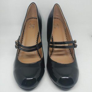 JG Round Toe Patent Heel Mary Jane Pumps Black